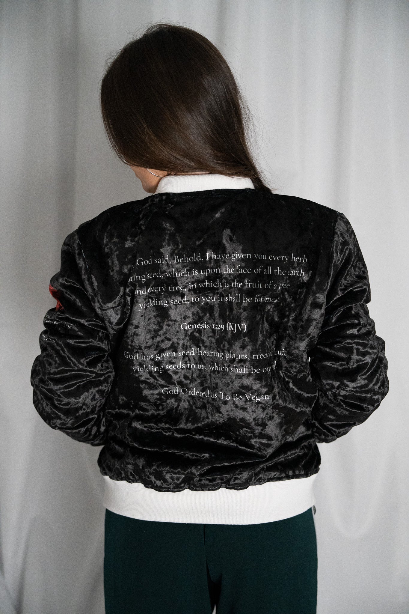 Image of ENIGMA PRIVE Metaphysical Veganizer Velvet Bomber Jacket